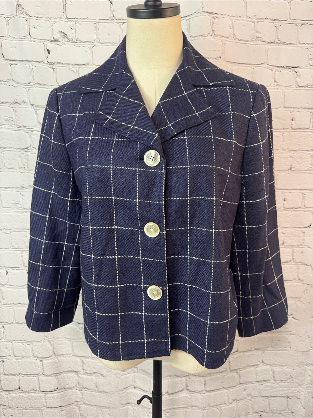 Y2K Lauren Ralph Lauren Silk Linen Windowpane Blazer Jacket Navy White Size 12